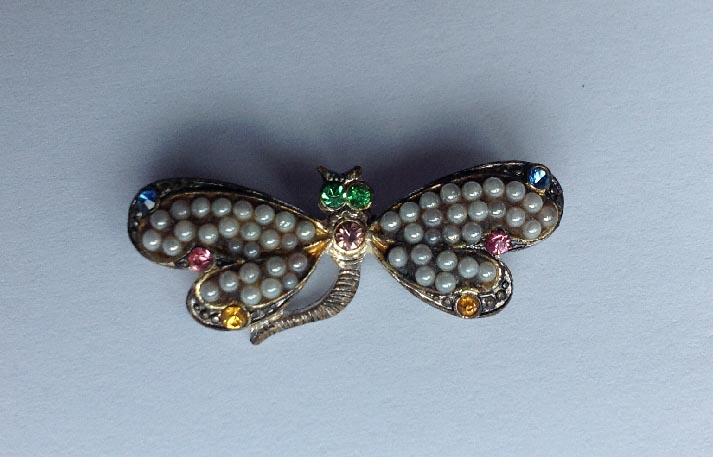 circa 1950's Czechoslovakia made faux pearl and gemstone dragonfly brooch